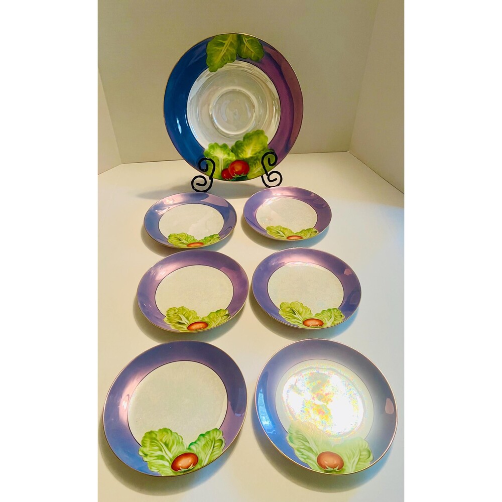 Vintage Noritake lusterware salad lunch plates serving blue purple hand painted
